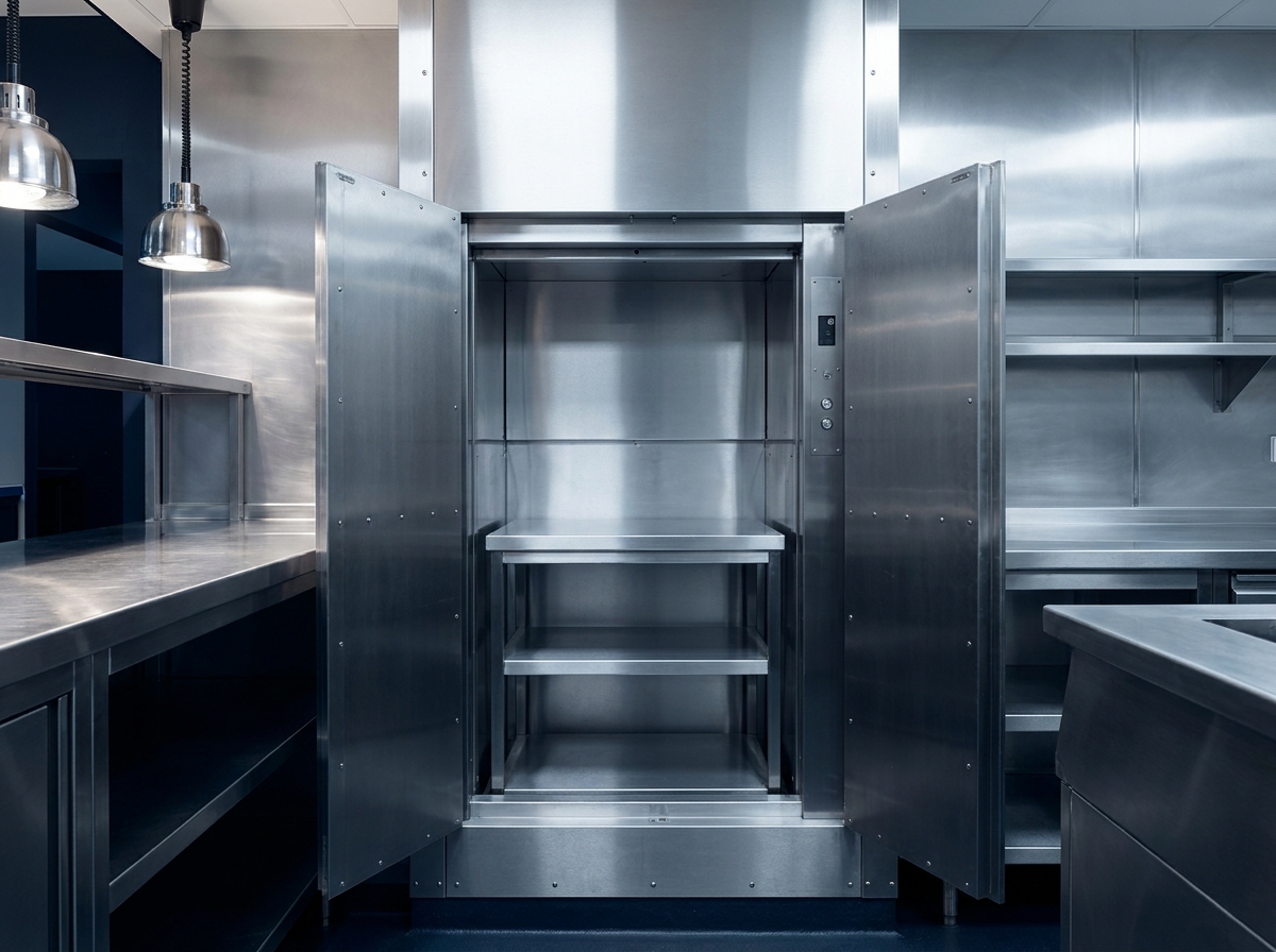 Compact stainless-steel dumbwaiter installation in a professional kitchen setting